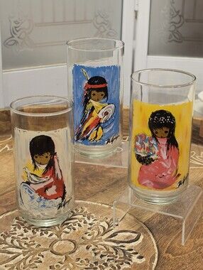Vtg Ted DeGrazia Libbey Glass Tumbler Lot of 3 Children of the Southwest MCM